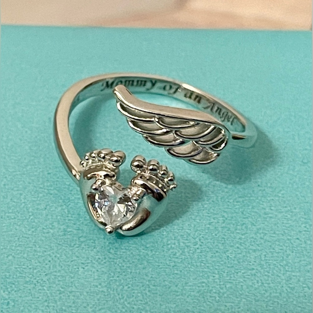 👣🪽Mommy of an Angel / Footprints wings😇 Stamped S925 Silver Adjustable Ring NWT - Picture 2 of 11